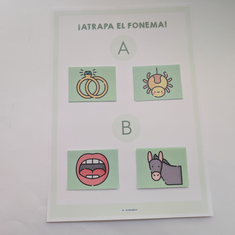 Juego fonológico para identificar fonemas en palabras e imágenes. Ideal para infantil y primaria, y perfecto para mejorar la conciencia fonológica
