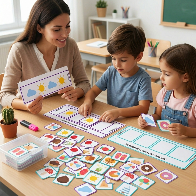 recurso didáctico diseñado para trabajar seriaciones con alumnado con tea incluye 21 tarjetas con patrones de seriaciones de 4 y 6 elementos 108 fichas individu...