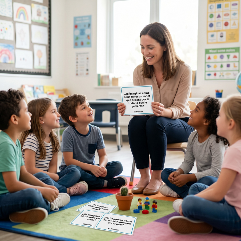 este recurso educativo incluye 40 tarjetas con preguntas imaginativas que desafían al alumnado a explorar situaciones extraordinarias y desarrollar su pensamien...