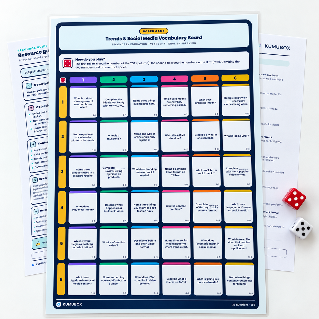 Tablero 6×6 con 36 preguntas en inglés sobre redes sociales y formatos de vídeo. Incluye guía y solucionario para practicar speaking en 3.º–4.º de ESO.