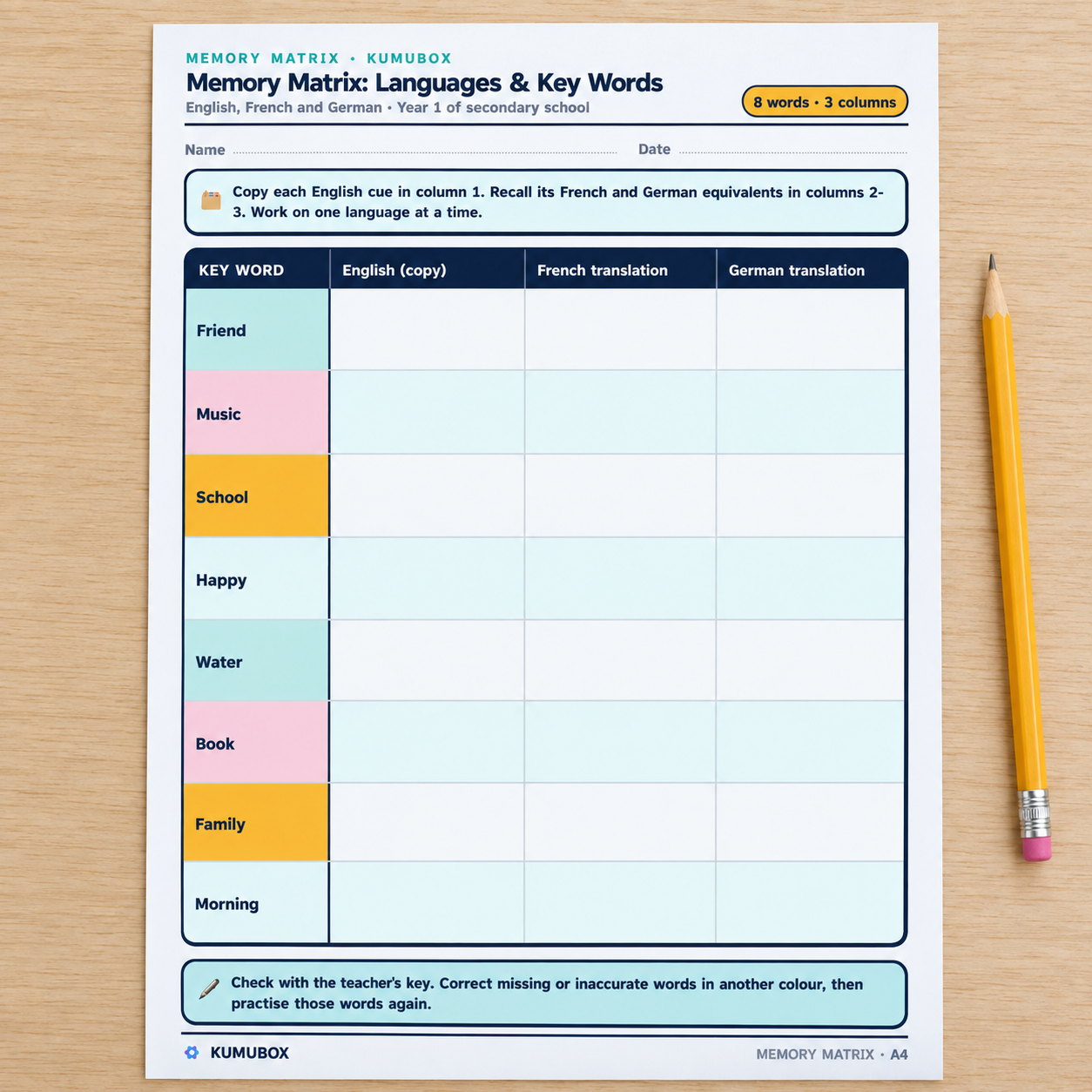 Practica ocho palabras en inglés, francés y alemán con una matriz imprimible para 1.º de ESO, guía docente y clave con variantes válidas.
