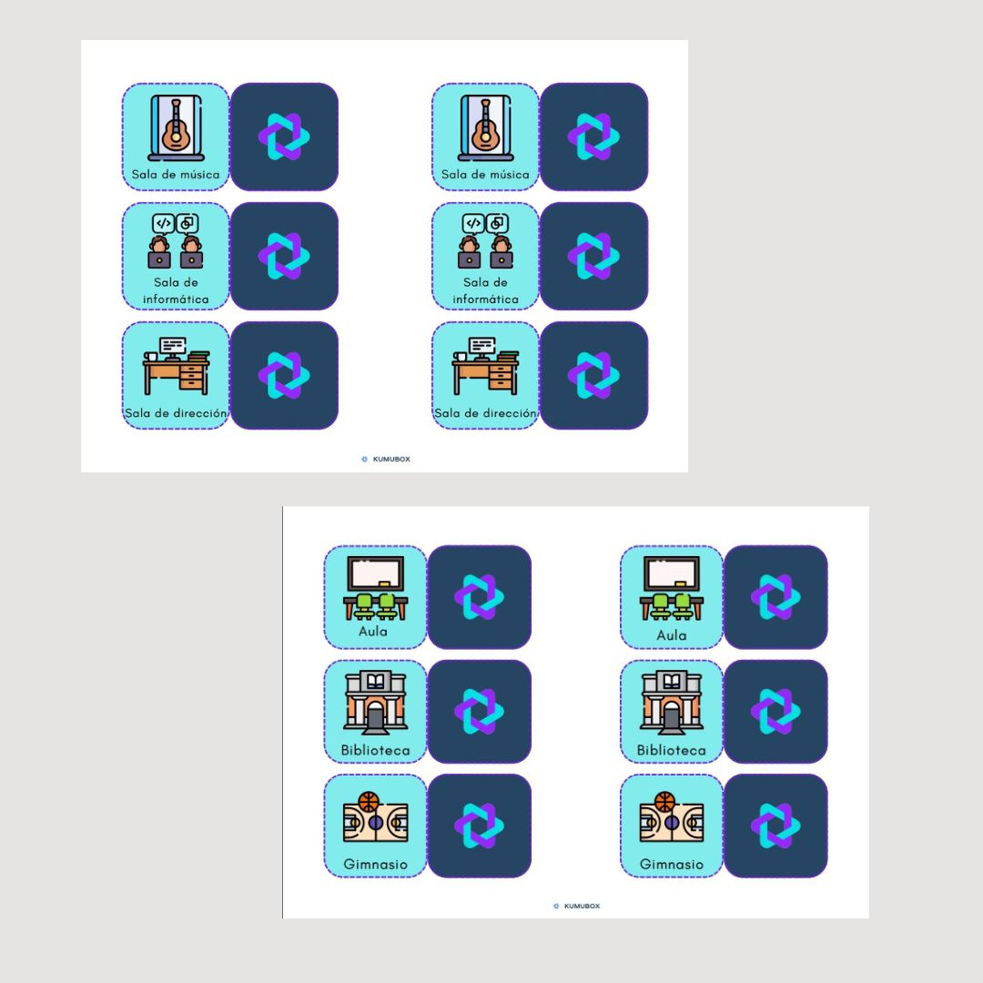 Juego de memoria para 1º y 2º de Primaria que permite aprender el vocabulario del entorno escolar mediante cartas ilustradas. Desarrolla la atención.