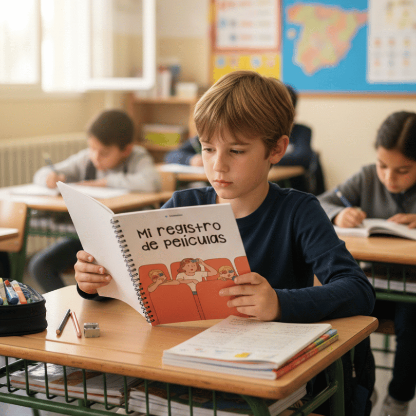 Cuaderno de registro de películas para Primaria (10-12 años) con fichas imprimibles para trabajar comprensión audiovisual, expresión escrita y pensamiento.