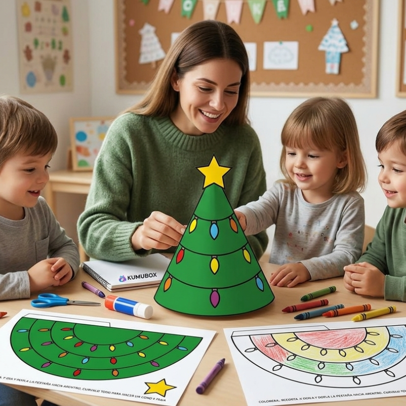 Manualidad para crear un árbol de Navidad en 3D, con plantillas para colorear y versión a color, ideal para trabajar creatividad y motricidad fina en Infantil