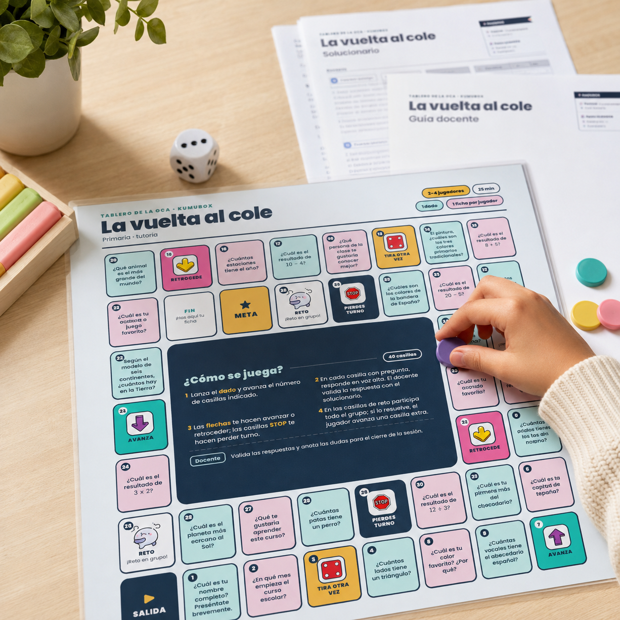 Tablero de la Oca imprimible para la vuelta al cole en Primaria. Practica presentación, convivencia y repaso básico con 40 casillas y solucionario.