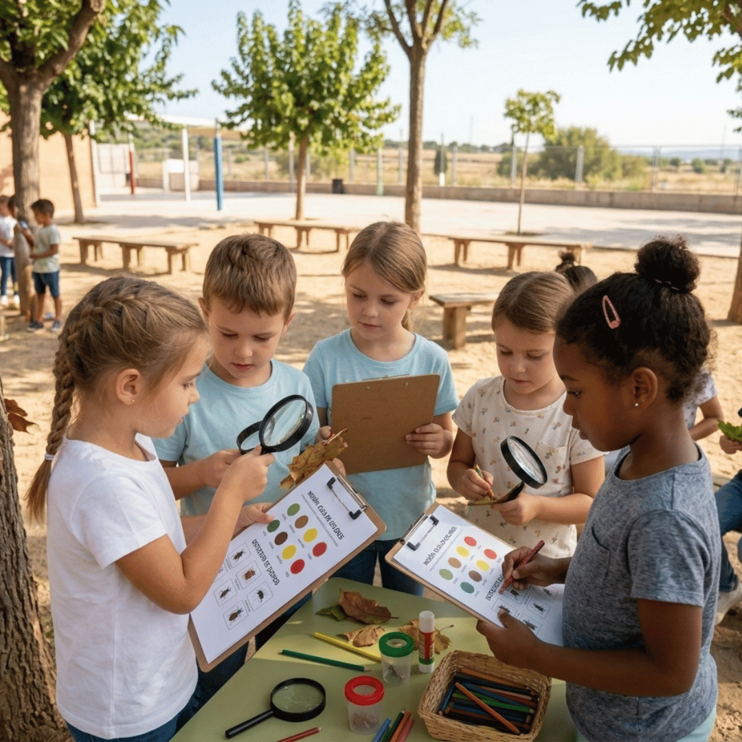 Recurso didáctico para Educación Infantil que convierte el patio escolar en un espacio de exploración, observación y aprendizaje sensorial mediante actividades