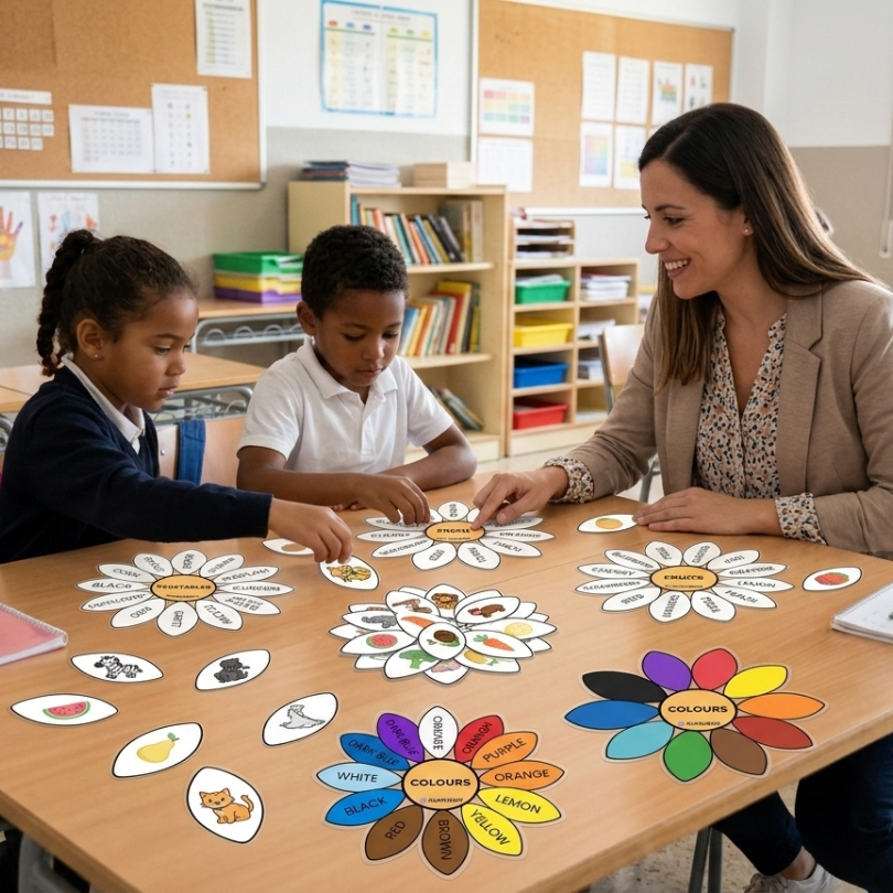 este material manipulativo permite a los estudiantes de primaria aprender y clasificar vocabulario en inglés de manera interactiva incluye cinco flores temática...
