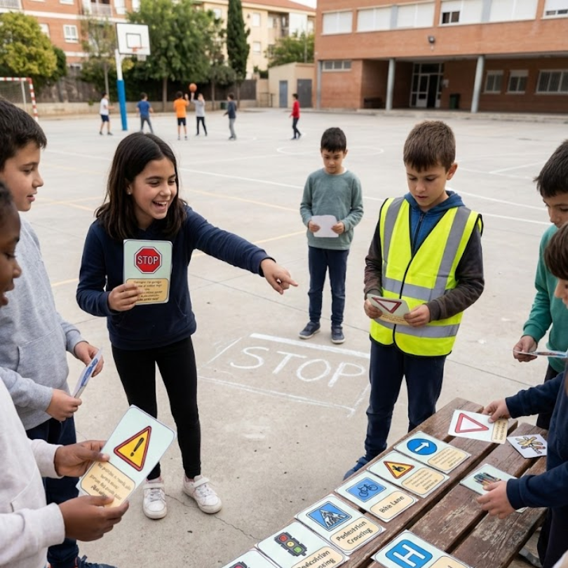 Actividad de educación vial para Primaria desde Educación Física con tarjetas y adivinanzas para trabajar señales de tráfico y movilidad segura.
