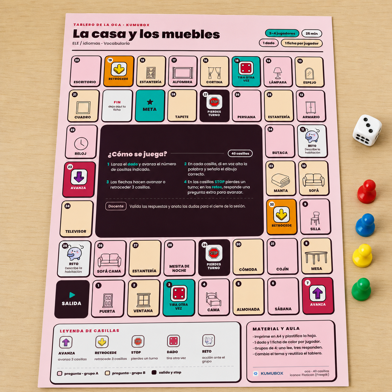 Tablero imprimible tipo Oca para practicar vocabulario de la casa y los muebles en clases de español A1-A2 mediante imágenes, lectura y expresión oral.