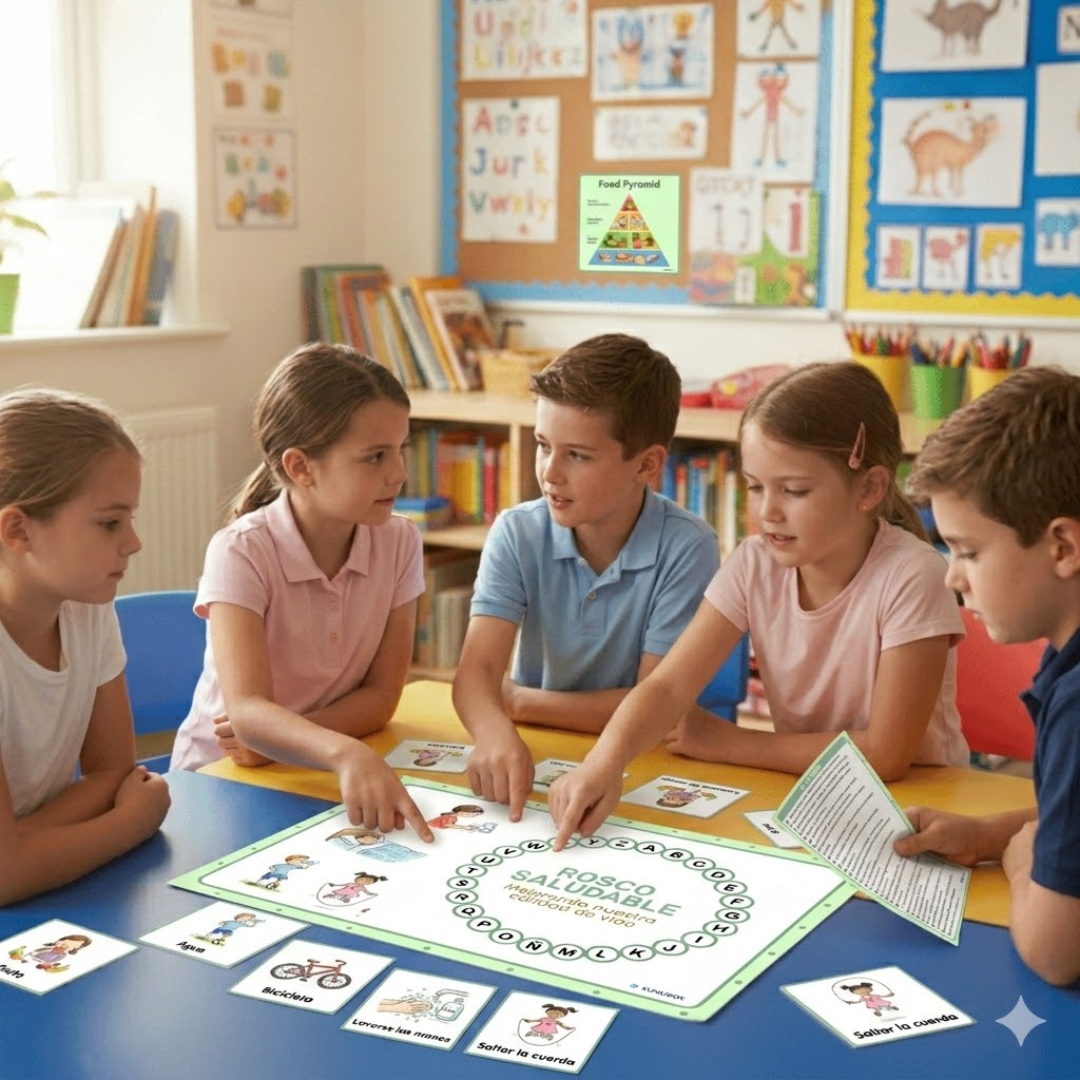 Recurso gamificado de Educación Física para tercer ciclo de Primaria que refuerza hábitos saludables, vocabulario sobre salud, alimentación, higiene y ejercicio