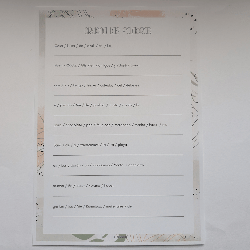 Actividad para ordenar palabras y formar frases con sentido. Ideal para desarrollar habilidades lingüísticas, comprensión lectora y lógica gramatical