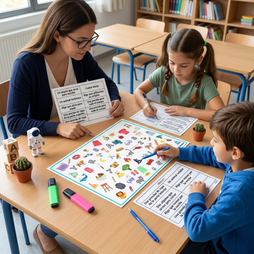 este recurso educativo consiste en un tablero de tamaño a4 con una gran variedad de objetos acompañado de dos tablas con pistas está diseñado especialmente para...