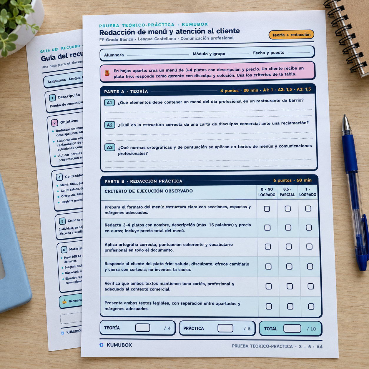 Prueba de comunicación escrita para FP Básica: menú del día y respuesta a una reclamación. Incluye rúbrica, soluciones orientativas y guía docente.