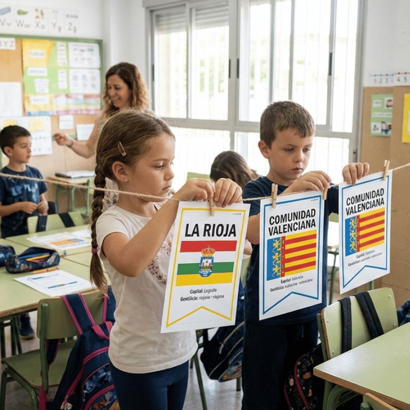 Descarga el recurso de Banderines de las Comunidades y Ciudades Autónomas de España para Educación Primaria. Incluye banderas, capitales, gentilicios,