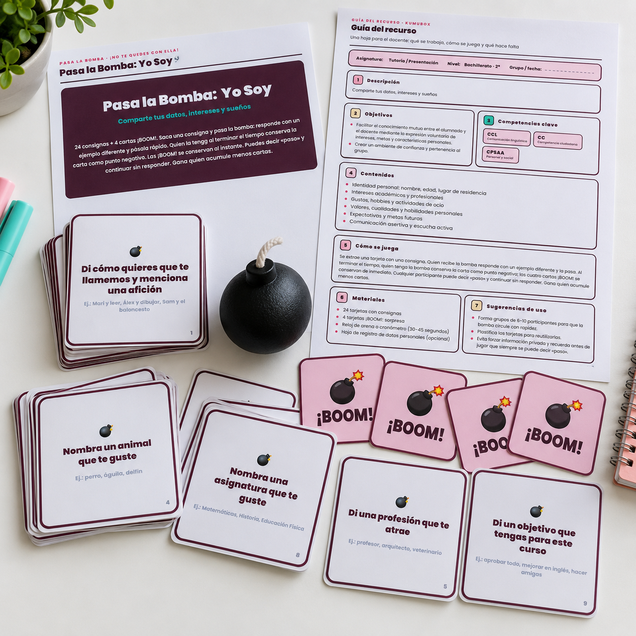 Dinámica imprimible de Tutoría para 2.º de Bachillerato con 24 consignas y 4 cartas BOOM para compartir intereses y metas con opción de pasar.