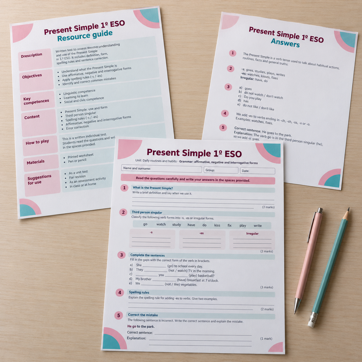 Examen imprimible de Inglés para 1.º ESO sobre Present Simple: afirmativa, negativa, interrogativa, tercera persona y rutinas, con solucionario.