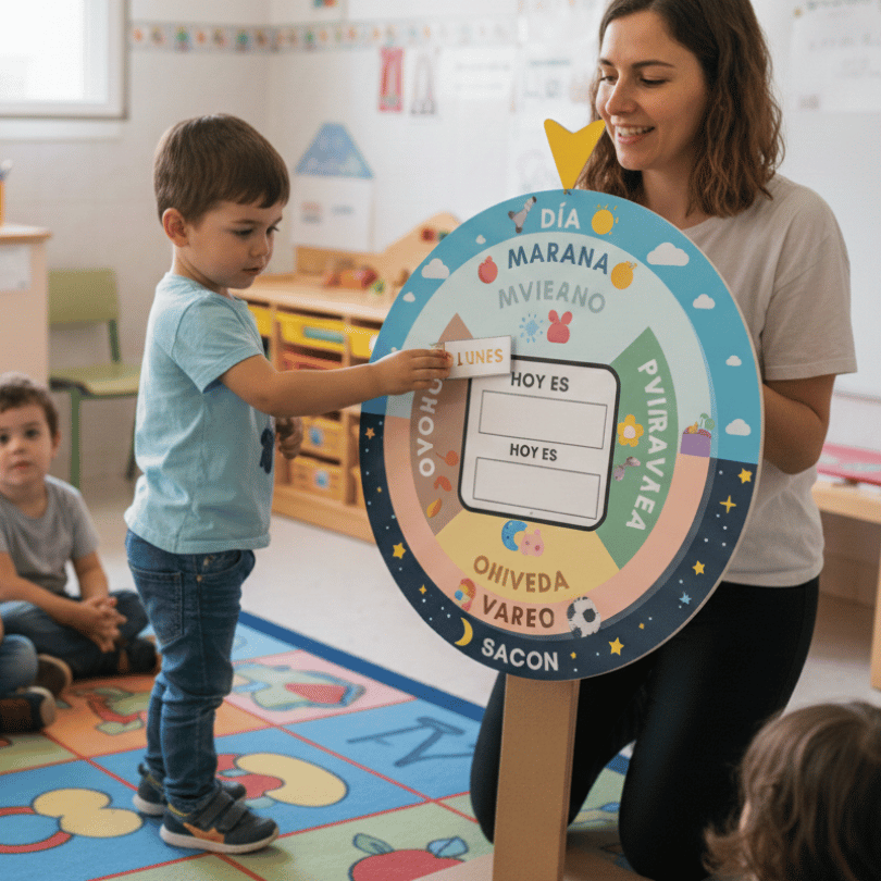 Recurso educativo manipulativo y visual para Educación Infantil que permite al alumnado comprender y organizar el tiempo mediante una ruleta del tiempo y un pan