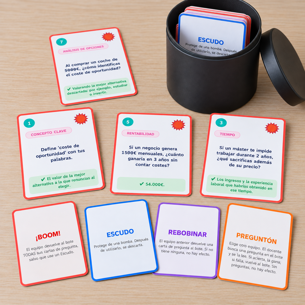 Juego de 34 cartas para trabajar el coste de oportunidad, la escasez y los cálculos económicos en 4.º de ESO. Incluye reglas y guía docente.