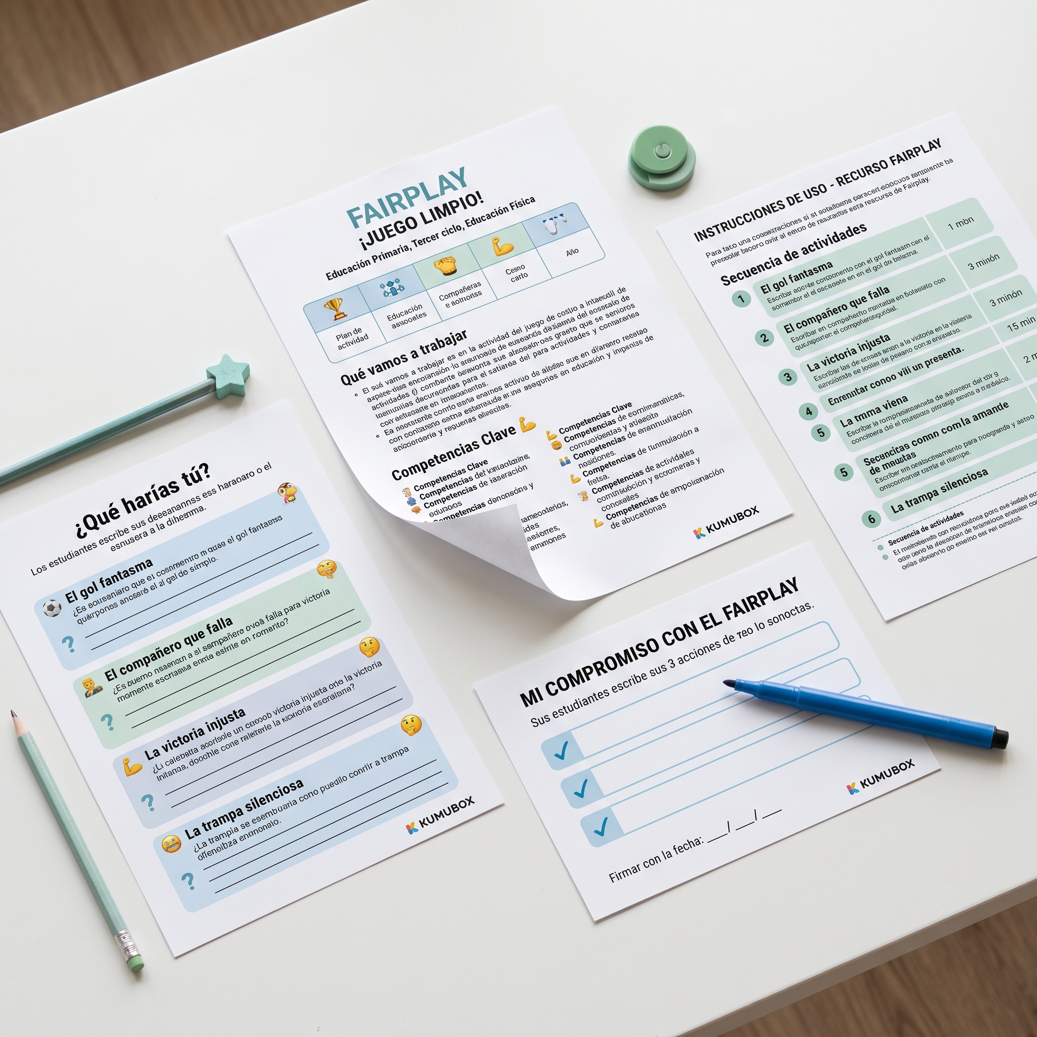 Recurso educativo de Educación Física para trabajar el fairplay o juego limpio en Educación Primaria. Incluye los 4 pilares, ejemplos de conductas, situaciones