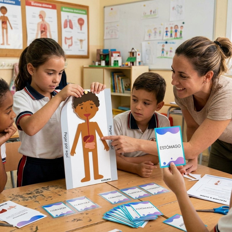 este recurso educativo es una manualidad interactiva que permite a los estudiantes explorar los sistemas del cuerpo humano de manera lúdica incluye un modelo en...