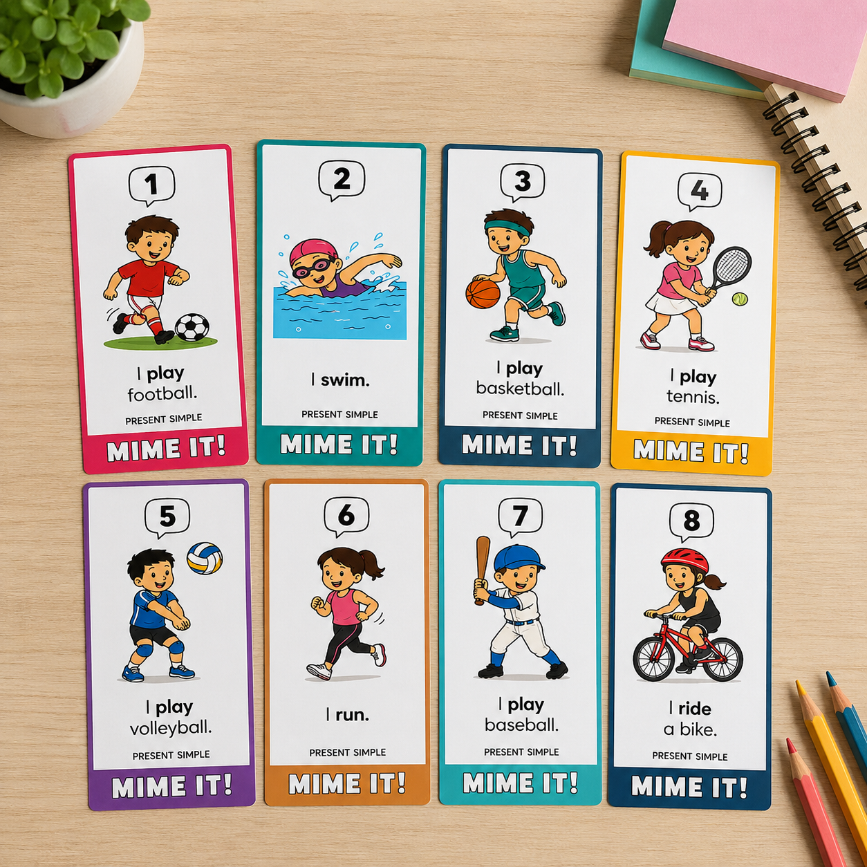 Descarga "Sports Present Simple Mime It!", un dinámico juego de tarjetas imprimibles para trabajar el vocabulario de deportes y el presente simple en inglés