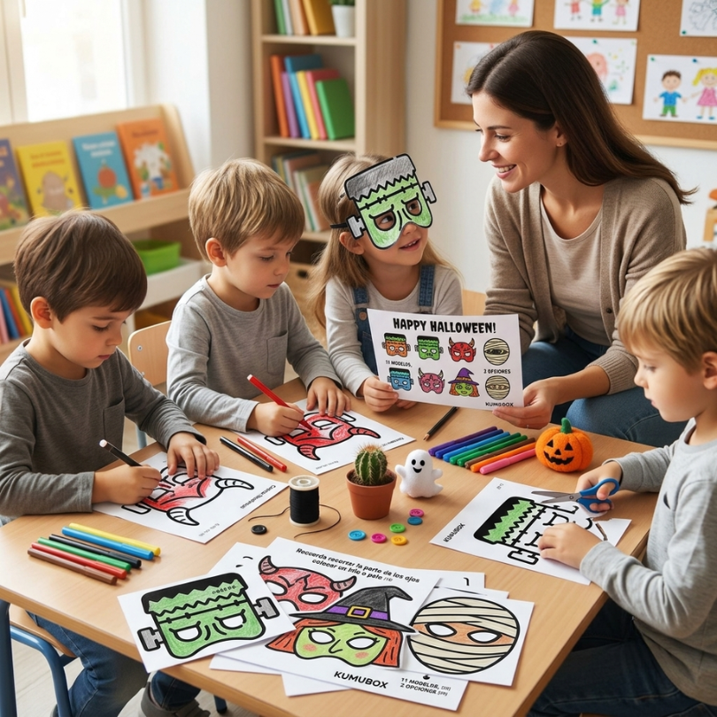 un pack de 11 modelos de caretas de halloween para que los estudiantes coloreen y recorten fomentando la creatividad y la expresión artística incluye modelos a...