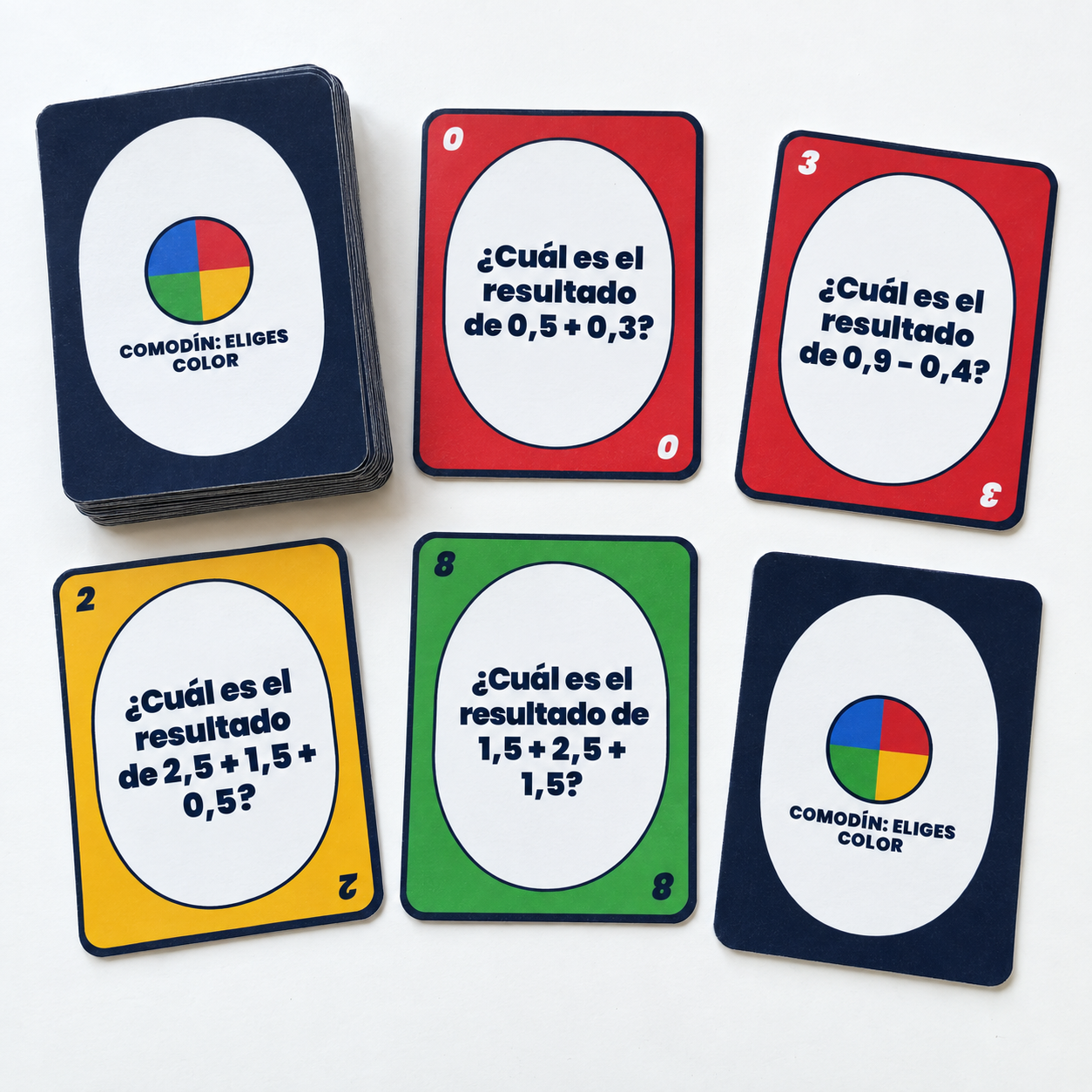Baraja de 60 cartas para practicar 40 operaciones con decimales en 6.º de Primaria. Incluye reglas, acciones y solucionario para el docente.