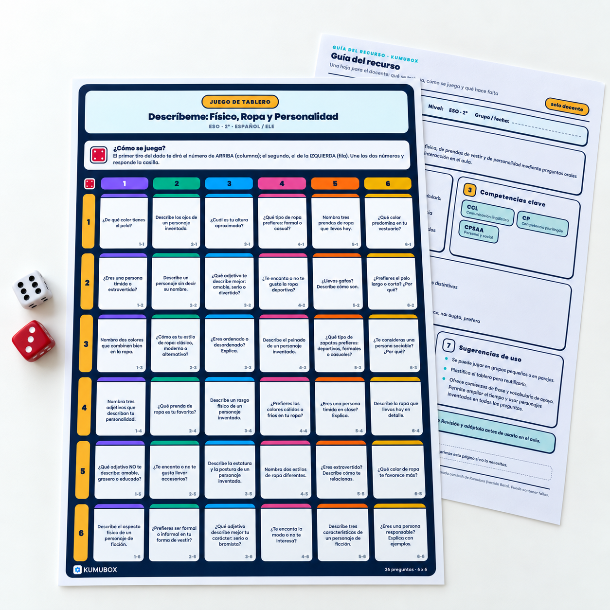 Practica la descripción física, la ropa y la personalidad en español con 36 preguntas, guía docente y respuestas orientativas para jugar en grupos.