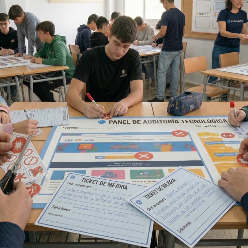 Recurso educativo "unplugged" para la auditoría tecnológica y social en el aula. El alumnado localiza y resuelve errores de accesibilidad, ética y privacidad