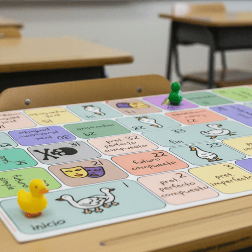 oca conjugación verbos, juego de mesa lengua, practicar verbos primaria, repaso de conjugaciones ESO, actividad lúdica gramática, juego ELE verbos, dinámica
