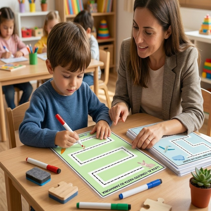 recurso con 6 tableros diseñados para que el alumnado con tea practique el trazo mientras desarrolla la asociación y discriminación de conceptos a través de ace...