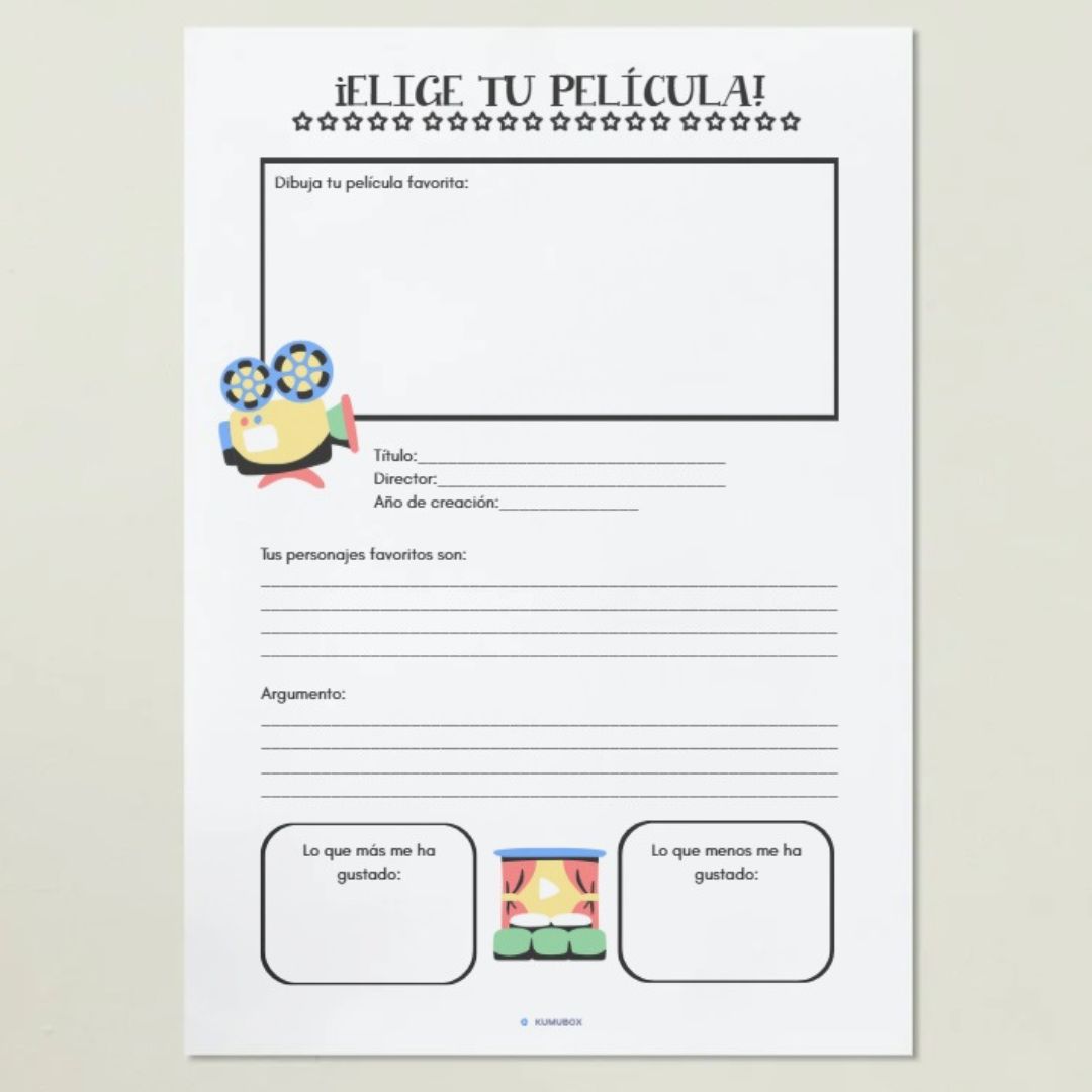 Actividad lúdica para que el alumnado elija y argumente su película preferida. Ideal para trabajar la expresión oral y escrita, el respeto por la opinión ajena.