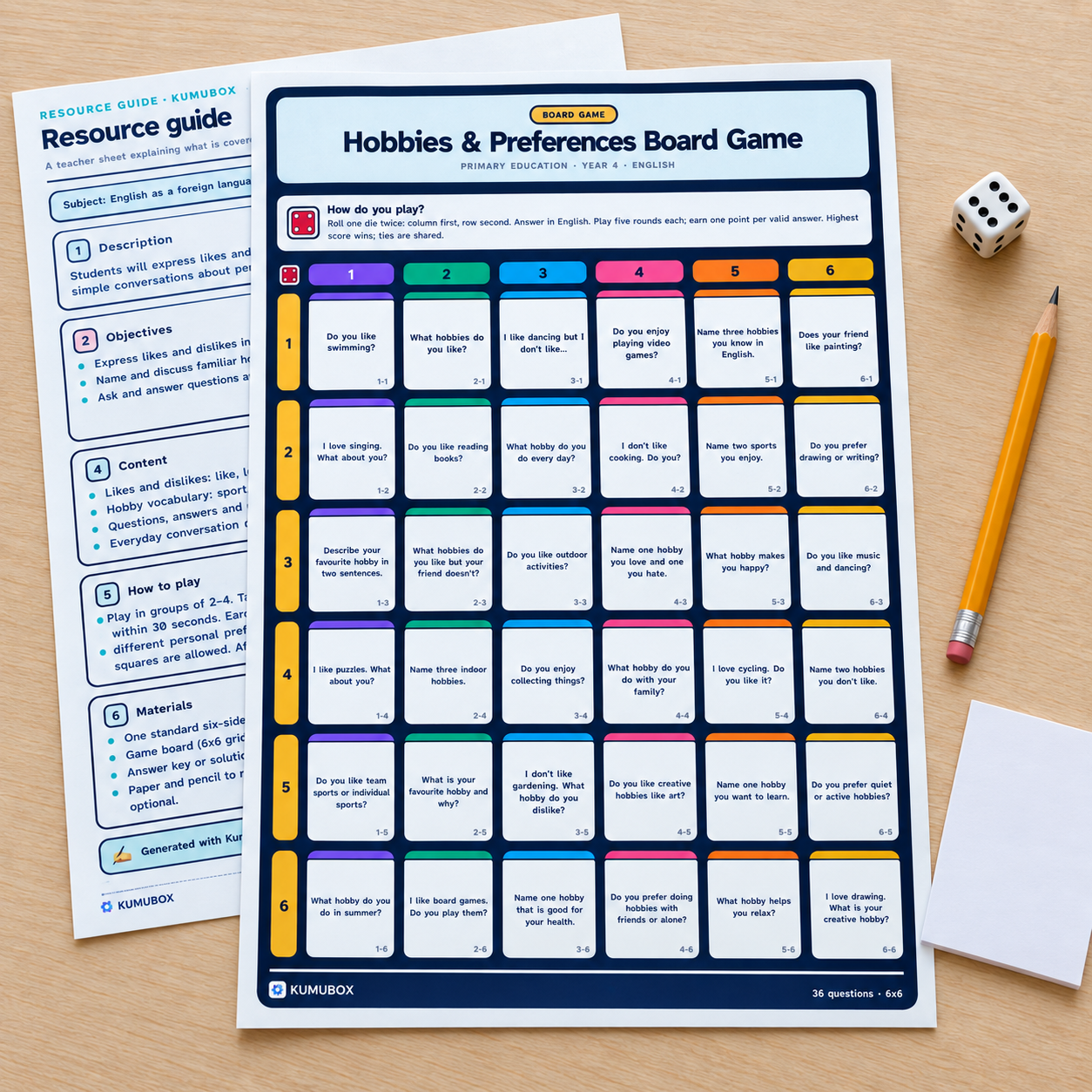Juego de inglés para 4.º de Primaria: 36 preguntas sobre hobbies y preferencias en un tablero 6×6, con guía docente y respuestas orientativas.