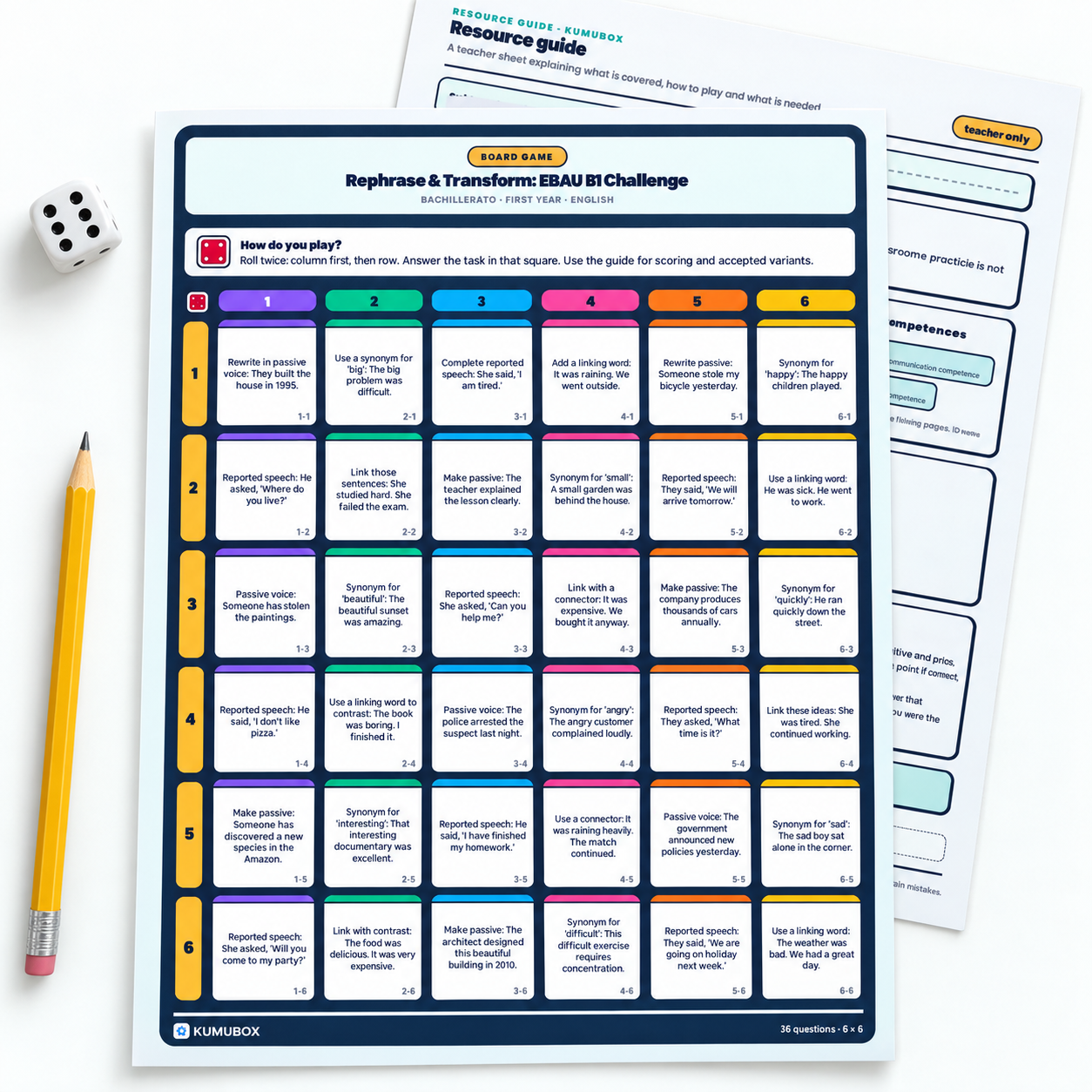 Tablero de inglés B1 con 36 retos de reformulación para Bachillerato. Practica pasiva, estilo indirecto, sinónimos y conectores con soluciones.