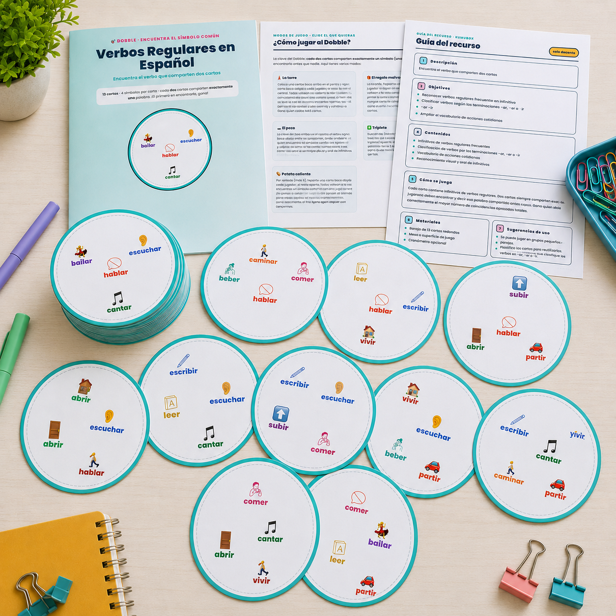 Dobble imprimible de verbos regulares para ELE A2 con 13 cartas. Practica infinitivos, vocabulario de acciones y terminaciones -ar, -er e -ir.