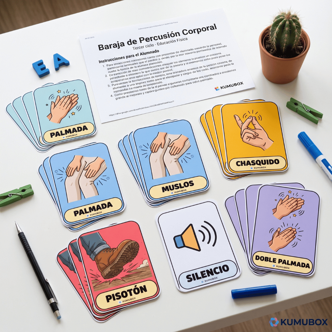 Baraja de tarjetas visuales de percusión corporal para Educación Física en Educación Primaria. Funciona como musicograma interactivo para trabajar ritmo, coordi