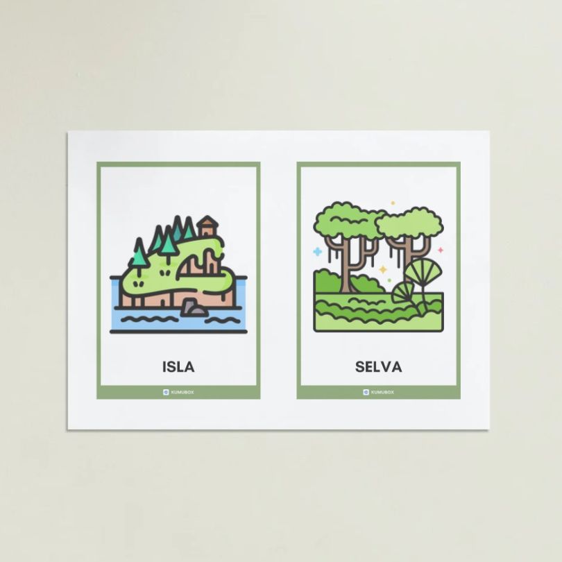 Conjunto de tarjetas visuales para aprender los principales accidentes geográficos en Primaria. Recurso manipulativo ideal para repasar vocabulario.