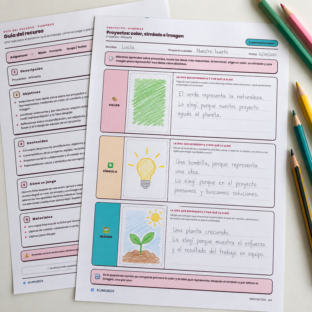 Ficha imprimible para Primaria basada en la rutina Color-Símbolo-Imagen: representa y explica tres ideas clave aprendidas en un proyecto.