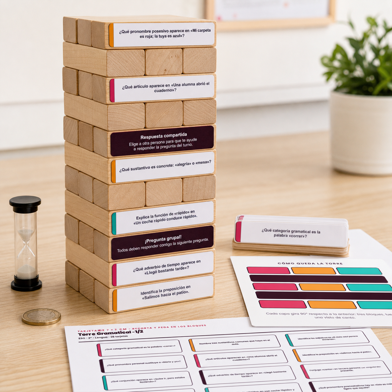 Juego imprimible para una torre de 54 bloques con 28 preguntas y 16 retos sobre las ocho categorías gramaticales en 2º de ESO.