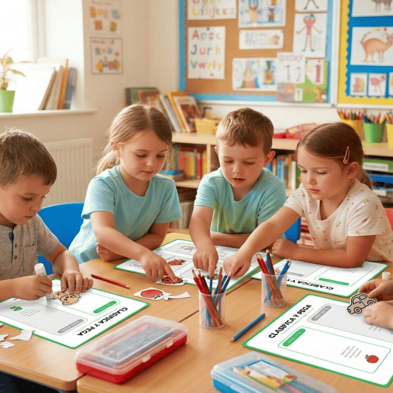 Actividad manipulativa para 1º y 2º de Primaria sobre los seres vivos y objetos inertes. Incluye lámina para colorear, recortar y clasificar. Recurso de Ciencia