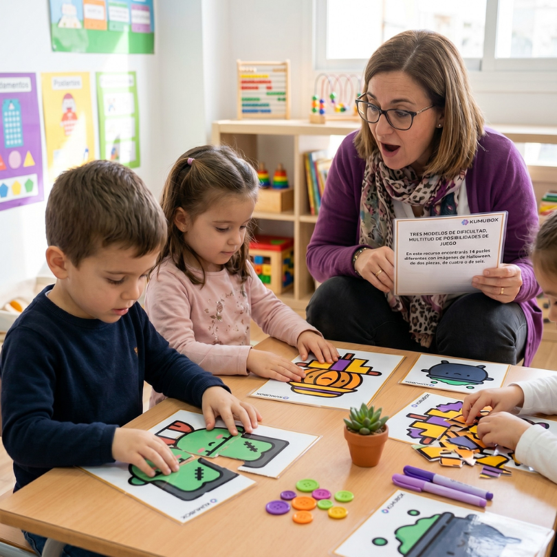 este recurso educativo incluye 14 puzles con imágenes de halloween diseñados especialmente para infantil y aula enclave los puzles están organizados en tres niv...
