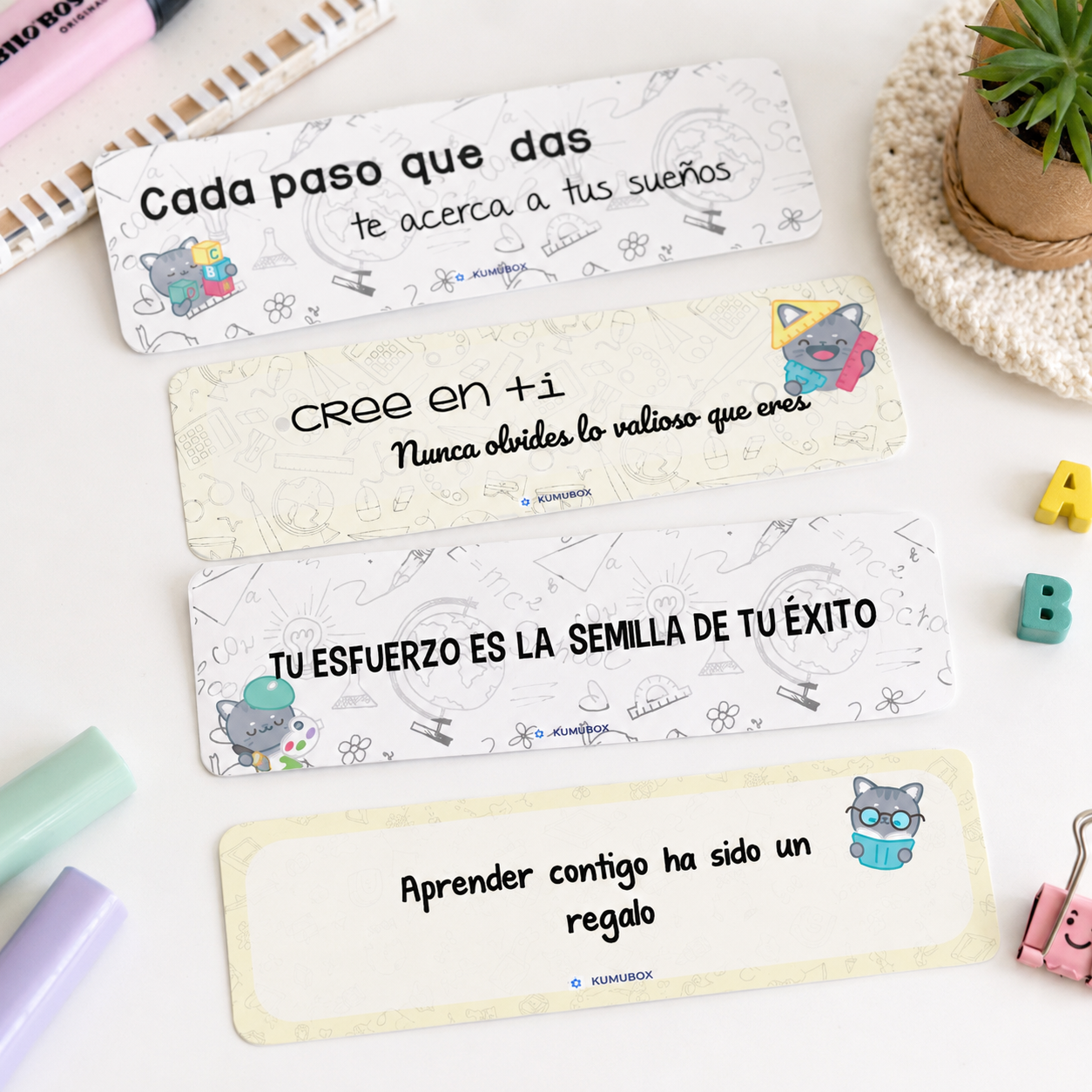 Colección de marcapáginas con frases motivadoras para regalar a los estudiantes al final de curso. Ideal para tutoría, fomenta la autoestima y el reconocimiento