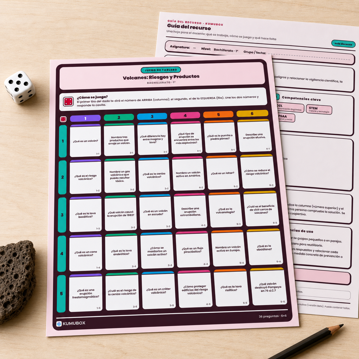 Juego imprimible 6×6 para repasar productos, tipos de erupción, peligros volcánicos y medidas de prevención en 1.º de Bachillerato.