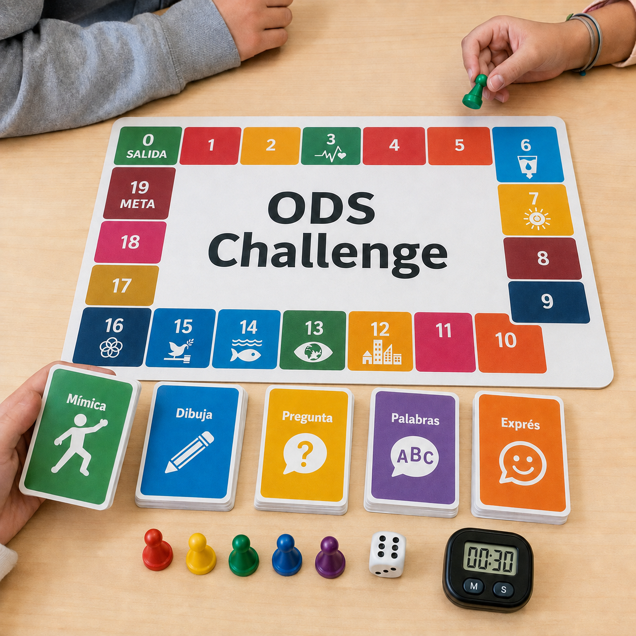 Juego imprimible por equipos para aprender los 17 ODS y la Agenda 2030 con mímica, dibujo, preguntas, palabras y retos exprés en 1º de ESO.