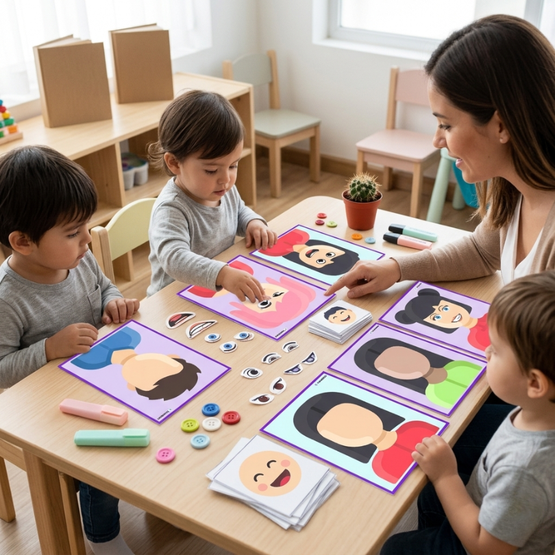 material didáctico para educación infantil que incluye 8 tarjetas con caras sin expresión y diferentes partes faciales recortables para que los niños de 23 años...