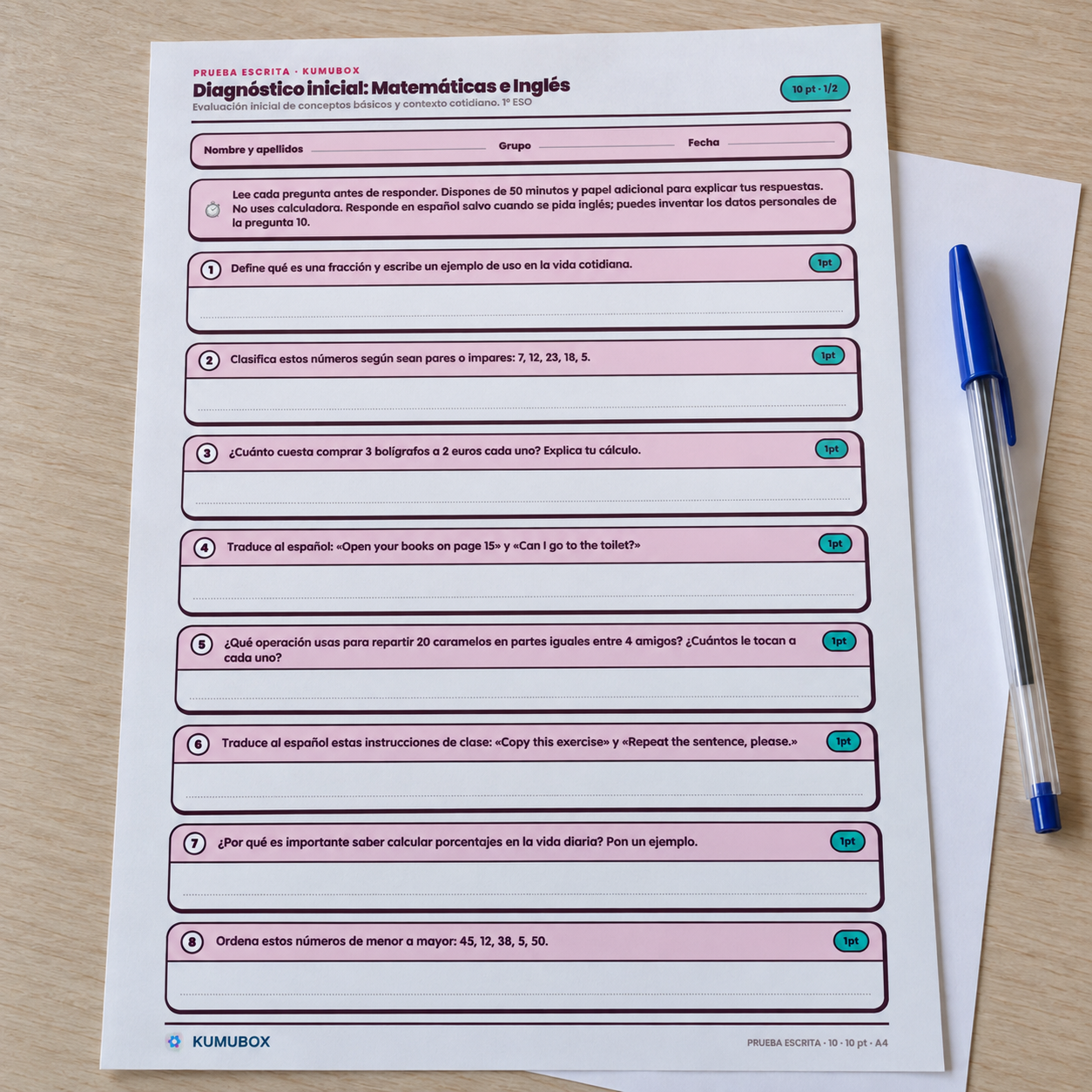 Prueba inicial para 1º de ESO con 10 preguntas de matemáticas básicas e inglés, guía docente y soluciones. Sesión orientativa de 50 minutos.